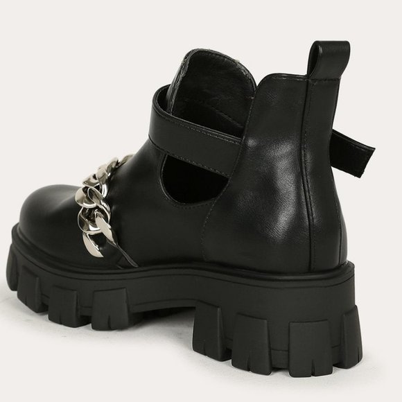 Chain Adorned Silver Chunky Platform Boot Cutout Buckle Lugged Bootie - Picture 4 of 7